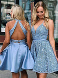 Cute V-Neck Blue Short Prom Dresses Above Knee Homecoming Dresses Cocktail Dresses H1062