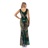 Glitter V-Neck Zipper Back Green Long Sequin Prom Dresses