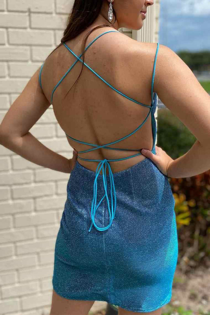 Pretty Spaghetti Straps Backless Blue Lace Up Short Homecoming Dress