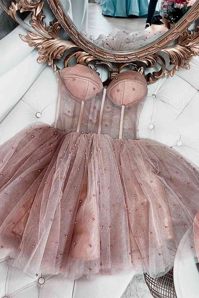 A-line Dusty Rose Sleeveless Tulle Short Prom Dresses Homecoming Dresses