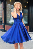 A Line Royal Blue V-Neck Short Homecoming Dresses