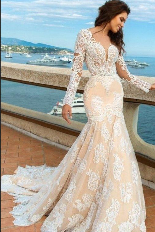 White Lace Mermaid Deep V-Neck Backless Long Sleeve Wedding Dresses uk PM835