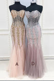 Mermaid Sexy Long Cheap Sweetheart Strapless Beads Tulle See Through Prom Dresses uk PH173
