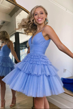 A-Line Spaghetti Strap V-Neck Tulle Homecoming Dresses N376