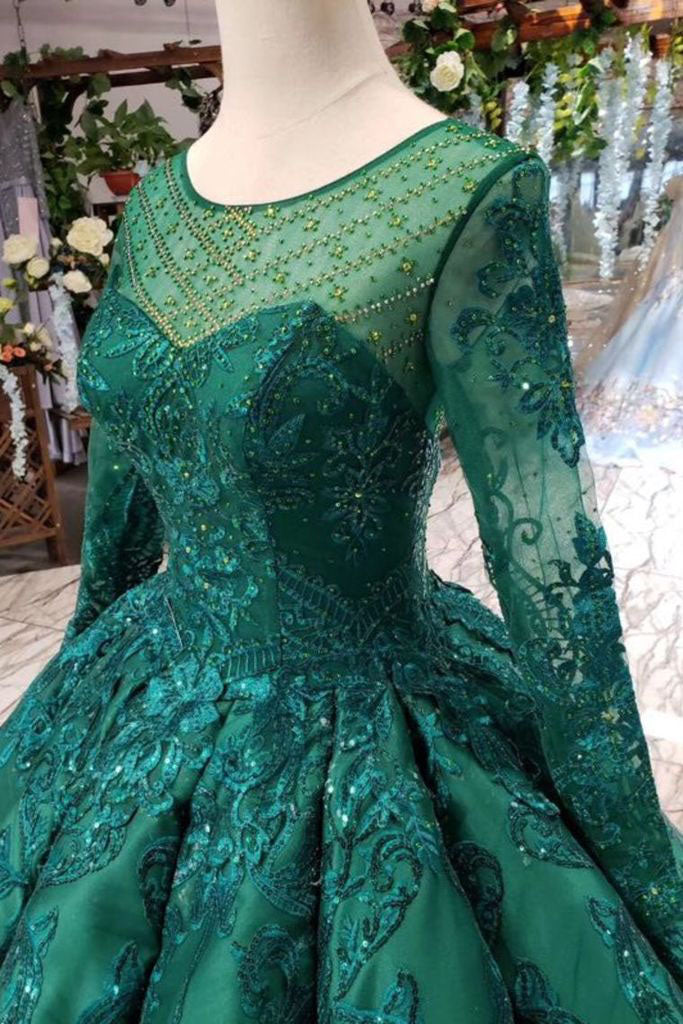 Dark Green Long Sleeves Ball Gown Prom Dress with Beads Lace up Quinceanera Dress PW972