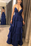 Dark Royal Blue Spaghetti Straps Tiered High Waist Prom Dresses V Neck Backless Party Dresses P1083