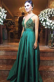 Deep V Neck Spaghetti Straps Green Beaded Prom Dresses Long Evening Dresses PW625