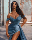 Dusty Blue Off-the-Shoulder Beading Mermaid Long Prom Dresses With Slit PD0471