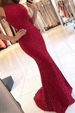 Charming New Arrival Mermaid Round Neck Dark Red Lace Prom Dresses UK PH385
