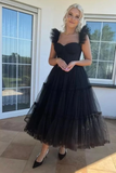 Black Tulle Ruffles Tea Length Formal Prom Graduation Dress PM204