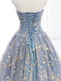 Elegant A Line Blue Tulle Long Strapless Lace up Gold Evening Dress Prom Dress PW223