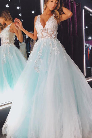 Elegant A Line Light Green Tulle  V Neck Prom Dresses with Lace, Long Cheap Party Dress P1021