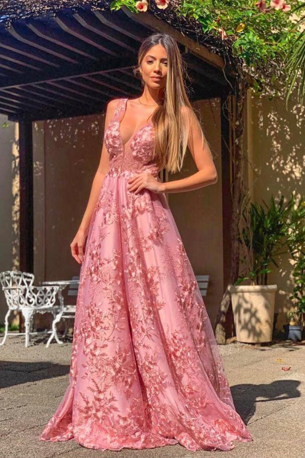 Elegant A Line Pink Lace Appliques Round Neck Straps Prom Dresses Long Formal Dress P1132