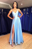 Elegant A Line Spaghetti Straps Floor-Length Light Blue V Neck Prom Dress with Split P1034