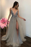 Elegant A Line Tulle Beads Deep V Neck Prom Dresses High Slit Ivory Evening Dresses PW562