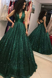 Elegant Green Deep V Neck Criss Cross Prom Dresses Long Sequin Evening Dresses PW572