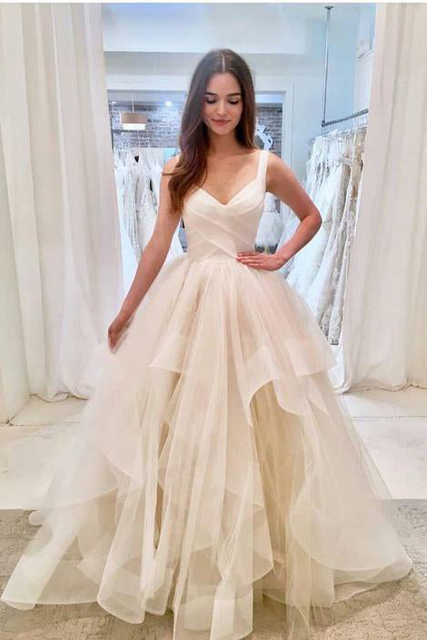 Elegant Ivory Tulle V Neck Spaghetti Straps Wedding Dresses P1024
