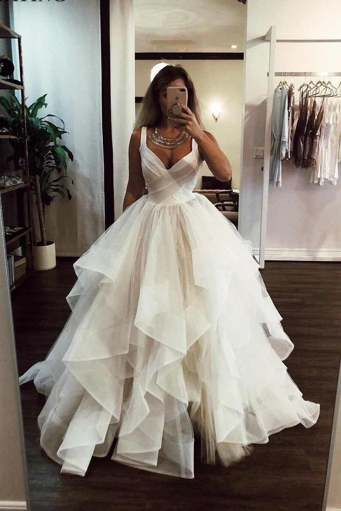 Elegant Ivory Tulle V Neck Spaghetti Straps Wedding Dresses, Long Cheap Prom Dresses P1024