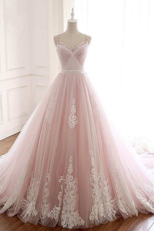 Elegant Pink Sweetheart Tulle Lace Appliques Lace up Prom Evening Dresses PW648