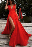 Elegant Red Split V-Neck A-Line Chiffon Sexy Floor-Length Prom Dresses PM506