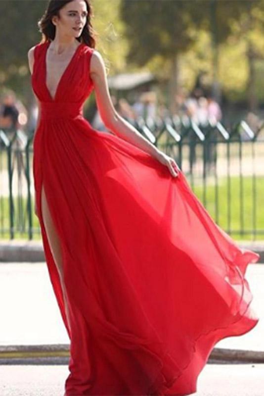 Elegant Red Split V-Neck A-Line Chiffon Sexy Floor-Length Prom Dresses PM506