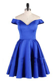 Elegant Satin Off the Shoulder Short Length A line V-Neck Blue Homecoming Dresses H1137