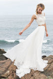 Elegant Two Pieces Straps Chiffon Wedding Dresses with Lace, Beach Bridal Gowns W1026