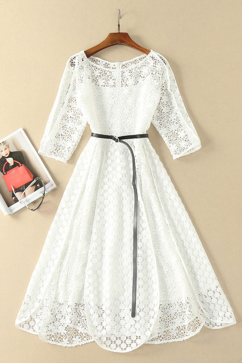 Elegant White Half Sleeve Lace Round Neck Homecoming Dresses, Belt Ankle Knee Prom Dress H1127
