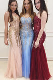 Mermaid Sexy Long Sweetheart Strapless Beads Tulle See Through Prom Dresses PH173