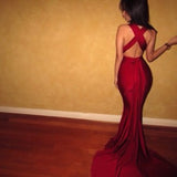 Sexy Mermaid Burgundy Long Criss Cross Fitted Backless Evening Dress