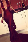 Sexy Mermaid Burgundy Long Criss Cross Fitted Backless Evening Dress