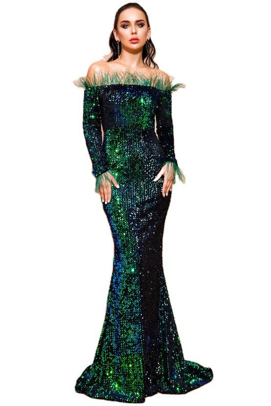 New Off-the-shoulder Party Dress Feather Long Sleeve Sequin Evening Dress