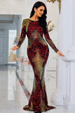 Mermaid Evening Dresses Elegant Sequins Print Long Sleeve Backless Prom Dress