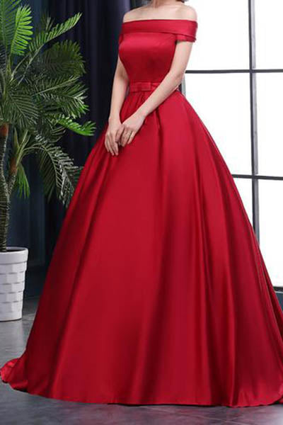 Chic A-Line Off-the-Shoulder Satin Simple Red Sleeveless Lace up Long Prom Dresses uk PH182