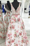 Floral Print A line V Neck Lace Appliques Prom Dresses  V Back Straps Formal Dresses PW704