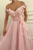Flowers Beaded V Neck Off the Shoulder Prom Dresses Long Tulle Evening Gowns PW745