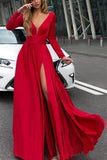 Flowy Long Sleeve V-Neck Chiffon Long Formal Dresses with High Slit Backless Prom Dresses P1101