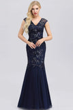 Elegant V-Neck Beaded Bodycon Mermaid Prom Dresses Straps Evening Gowns P1179
