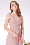 A Line Pink V-Neck Tulle Sleeveless Prom Dresses Long Bridesmaid Dresses P1178