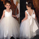 Ivory Sweetheart Lace Top Cute Tulle V Back Bowknot Flower Girl Dress PW120