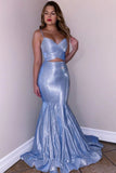 Glitter Spaghetti Straps V Neck Blue Mermaid V Neck Prom Dresses, Party Dresses P1490