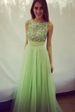 Elegant Scoop Beading A-line Tulle Green Floor-Length Bowknot Sequins Prom Dresses uk PM354