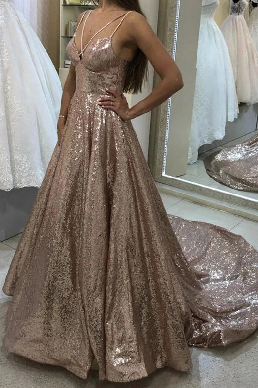 Puffy Sleeveless Sequined Court Train Prom Dress Sparkly Sequin Evening Dress P1198