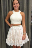 Fashion Two Piece A-Line Jewel Sleeveless Short Homecoming Dress With Beading Lace PH745
