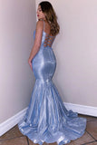Glitter Spaghetti Straps V-Neck Blue Mermaid Prom Dress P1490