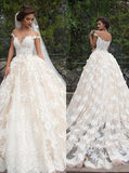 Glamorous Jewel Cap Sleeves White Court Train Wedding Dress with Lace Top PM83