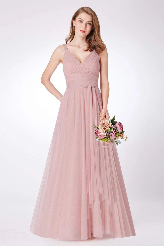 Simple A Line Pink V Neck Tulle Sleeveless Prom Dresses Long Bridesmaid Dresses P1178