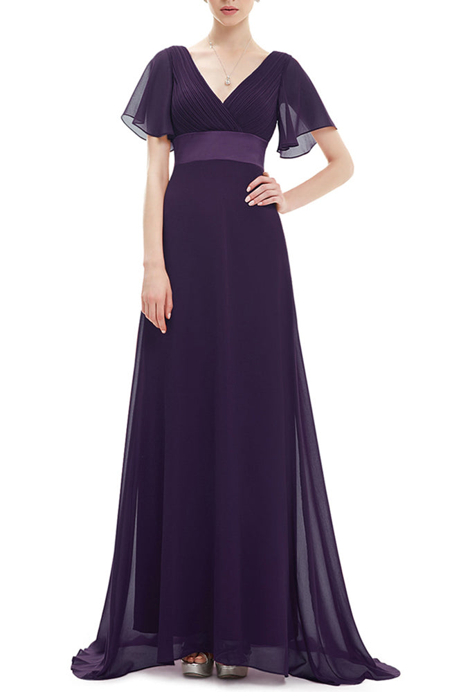 Flowy V-Neck Short Sleeve Chiffon Prom Dresses XU90812