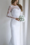Elegant Lace Long Sleeves Mermaid Backless White Long Wedding Dress with Train PM164
