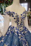 Gorgeous Ball Gown Sheer Neck Long Sleeves Lace up Sequins Appliques Quinceanera Dress PW970